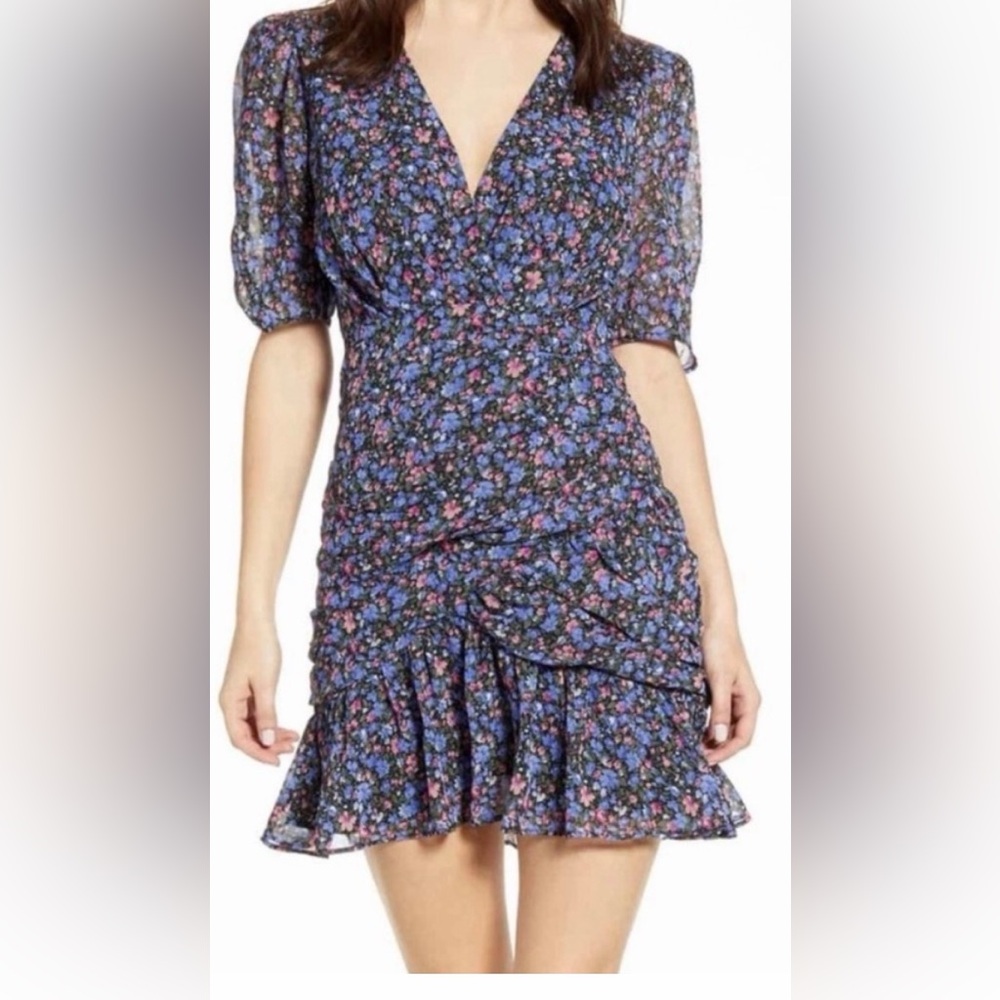 ASTR The Label Floral Ruched Puff Sleeve Ruffle Mini Dress M NWOT